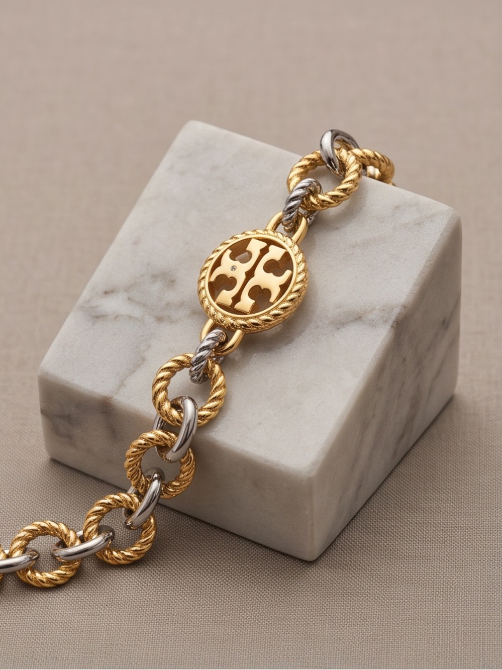 Tory Burch Two-Tone Gold and Silver Rope-Link Logo Bracelet - Picture 2 of 4